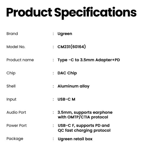 Adaptador Ugreen Usb-c A Jack 3.5 Mm Con Carga Rápida Pd