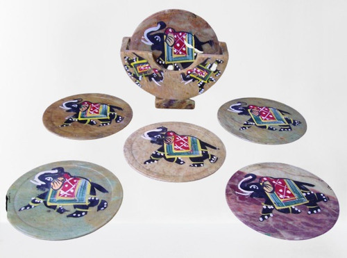 Imagen 3 de 3 de Porta Vasos De Alabastro Con Pintura De Elefante Indu