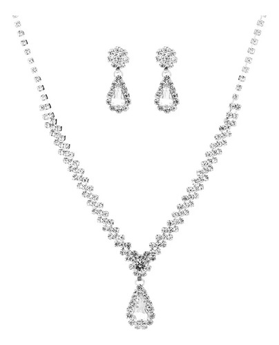 Set Collar Y Aros De Fiesta Con Dije Gota Strass Blanco Plateado