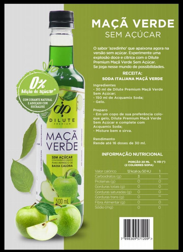 Xarope Dilute Maçã Verde Zero 500ml Soda Italiana/drink