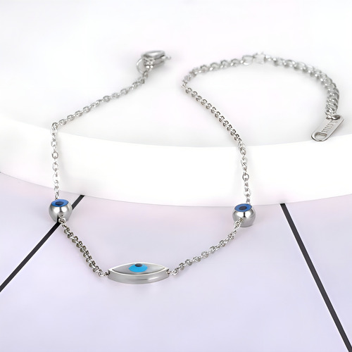 Tobillera griega con forma de ojo azul para mujer, acero inoxidable, plata, 19 cm de longitud, color plateado