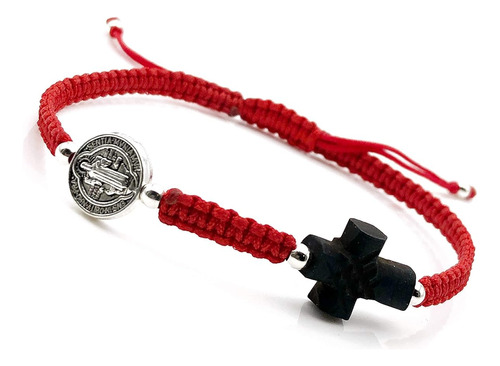 Pulsera Ajustable De Medalla De San Benito Hilo Rojo Pr...