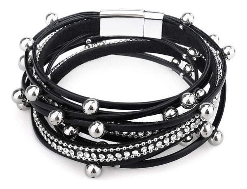 Brazalete De Cuero Multicapa Gleamart Con Cuentas Para Mujer