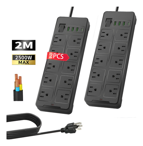 2 Multicontacto De 10 Tomas 2500w,10a Usb Cable De 2 Metros