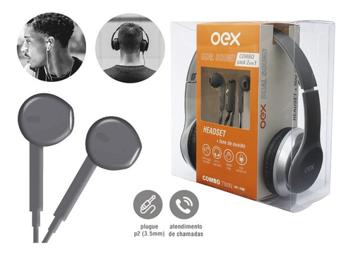 Headset Fone De Ouvido Com Microfone Oex Twin Hf100 Cinza