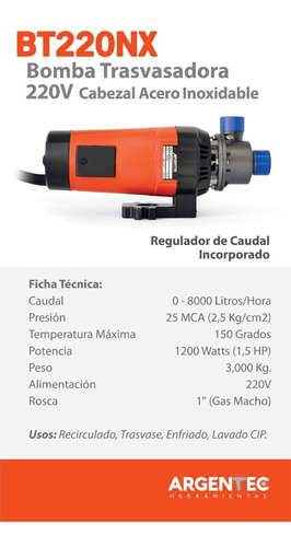 Imagen 3 de 5 de Bomba 220 Volts Cabezal Acero Inoxidable Argentec Bt220nx