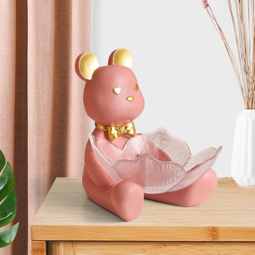 Bandeja De Almacenamiento De Estatua De Oso De Resina, Rosa