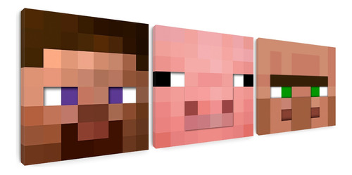 Set 3 Cuadros Minecraft Steve Cerdo Aldeano - 31x31cm