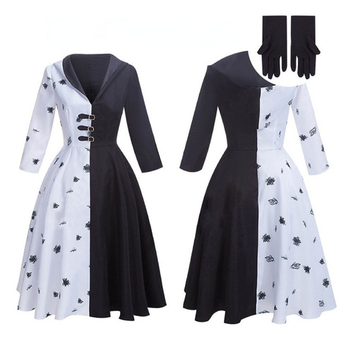 Cruella De Vil Cosplay Disfraz De Criada Negro Blanco Vestido Con Guantes Falda Con Capucha