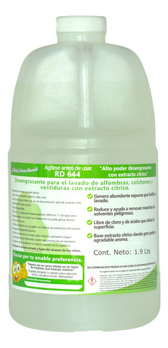 Detergente Limpia Tapicería Asientos Vestiduras Colchones Y Tela El Reflejo Es Nuestra Diferencia Rd 644 Línea Automotriz Cítrico Fácil Enjuague Medio Galón 1.9 Lts 1 Pieza