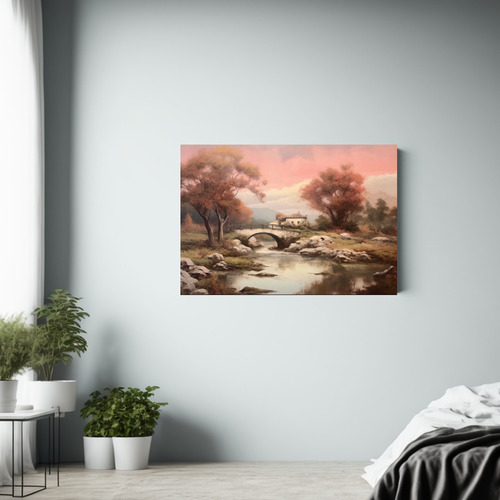 60x40cm Cuadro Río Sereno Con Puente Y Casa En Otoño