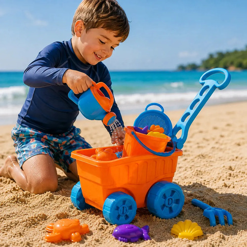 Carriola De Praia Infantil Laranja Com Acessórios Infantil Castelinho De Areia Forminhas Baldinho Regador