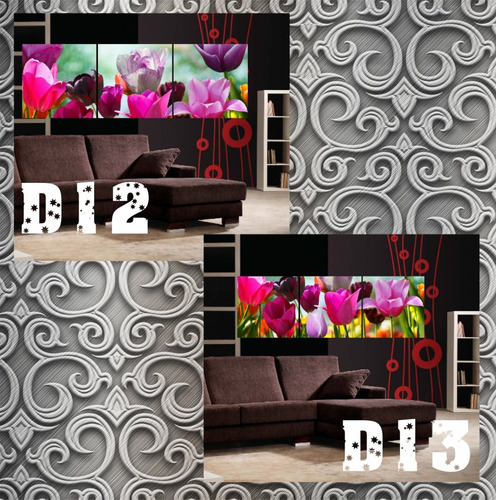 Tríptico Decorativo Flores En Marcado Madera Mdf 9mm