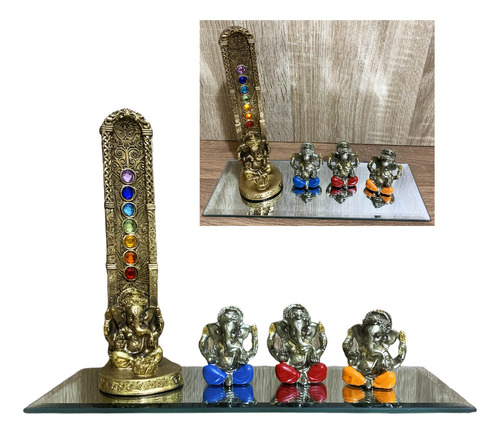 Kit Porta Incenso Ganesha 7 Chakras Trio Em Resina + Bandeja