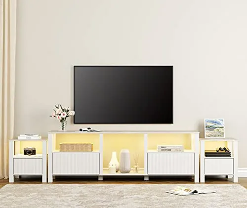 Mesa De Sala 3 Piezas Con Tv 75'', Estantes, 2 Mesas De Noch