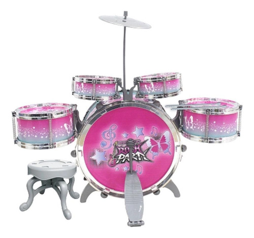 Kit Bateria Musical Rosa C/banquinho Pedal E Baquetas Rock