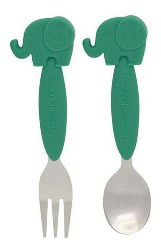 Colher E Garfo Cabo Silicone Elefante Verde- Marcus & Marcus