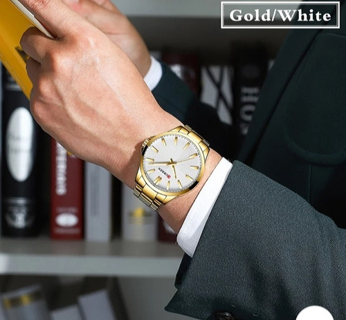 Relogio Masculino Curren Aço Inoxidavel Dourado Caixa 50mm Visor Prata Detalhes Dourado Dimensional Frete Grtais