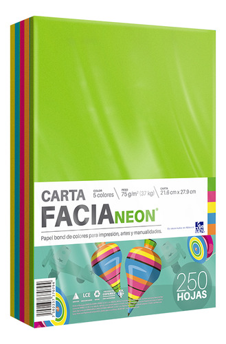 Papel Facia Neon Mix Carta - Paquete Con 250 Hojas