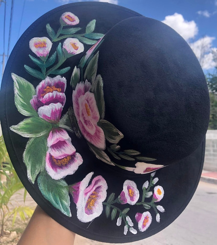 Sombrero De Gamuza Con Flores Pintado A Mano