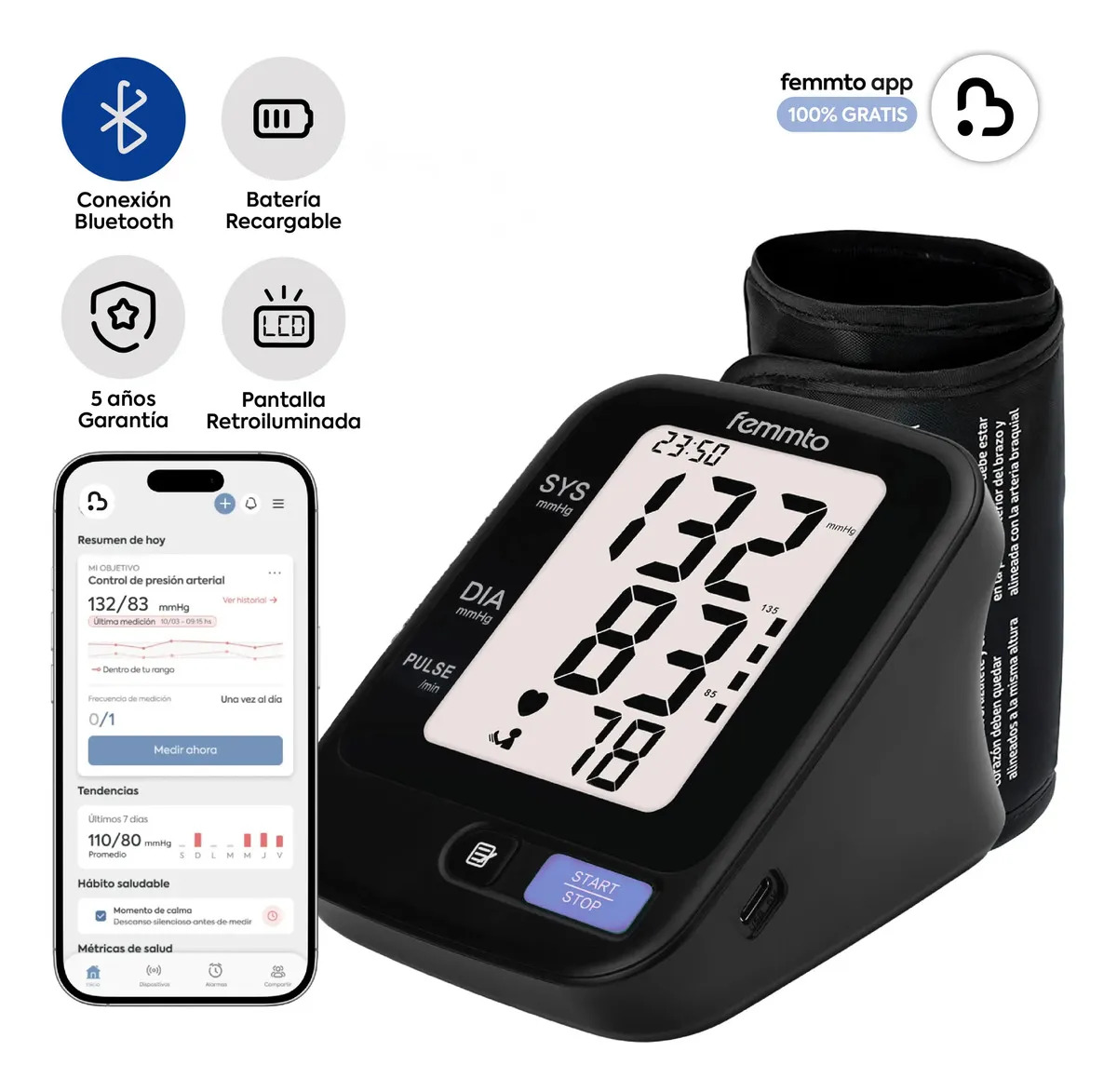Tensiometro Digital Brazo Presion Aparato Para Tomar Presion Arterial Bluetooth Batería USB Medidor Enfermeria Automatico Femmto