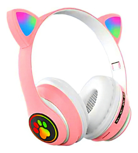 Fone De Ouvido Gatinho Bluetooth Led Infantil Cor Rosa