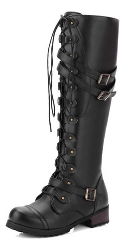 Botas De Cuero Con Punta Redonda, Cinturón, Hebilla, Zapatos