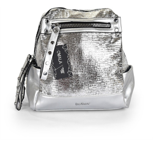 Mochila Mujer Simil Cuero Bolsillos Plateada Barbara Bags