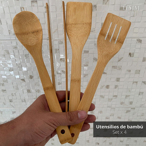 Imagen 2 de 10 de Set De 4 Utensilios Bambú Pinza, 2 Espátulas Y Cuchara