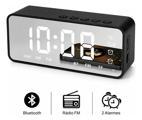 Relógio Despertador Digital Bluetooth G50 Rádio Fm Caixa De Som Led Espelhado Duplo Alarme Sensor De Temperatura Usb Aux Display Grande Som Estéreo Para Quarto Mesa Cabeceira Forestory Preto