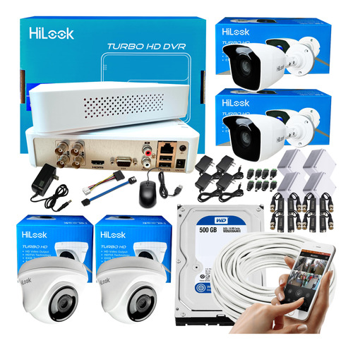 Kit Cctv Hikvision Hilook Dvr 4ch + 4 Cámaras 1080p + D500gb