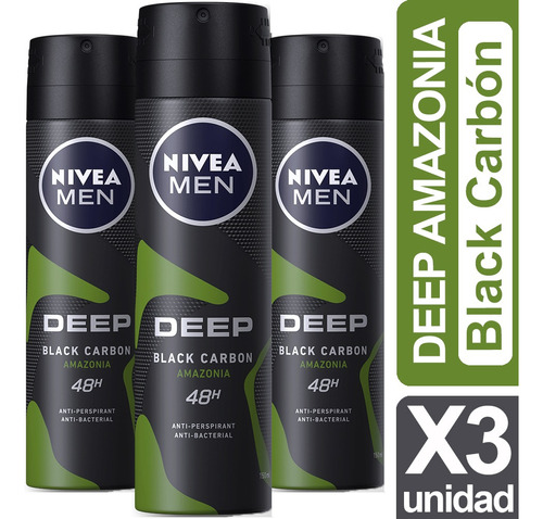 Desodorante Nivea Deep Black Carbon Amazonia 150ml Pack X 3