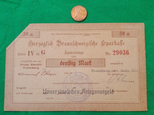 Billetes Alemania Kriegsnotgeld De 30 Marcos, Año 1918.kri