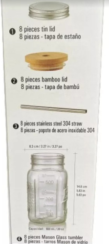 Set De 8 Tarros Mason Con Tapas De Estaño,bambú, Popotes