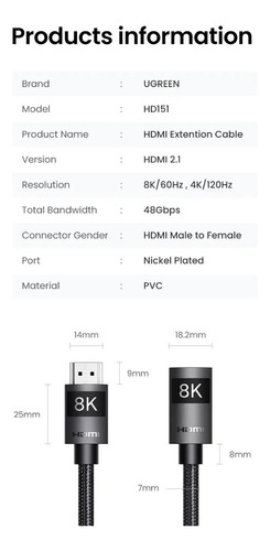Cable Alargue Hdmi 2.1 Macho A Hembra 1 Mt 8k 60hz 4k 120hz