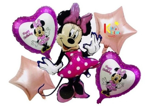 Set 5 Globos Metalizado Minnie Mouse Feliz Cumple Happy