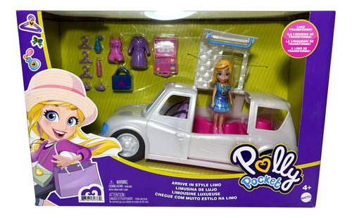 Veículo Carro Limousine Da Boneca Menina Loira Polly Pocket - Aberto Se Transforma Em Estação De Beleza Móvel - Acompanha Roupas Roupinhas E Acessórios - Mattel Brinquedos