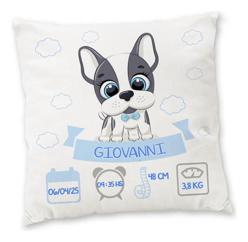 Almohadón Personalizado Datos Del Nacimiento Bebe Bautismo Blanco Perrito Celeste
