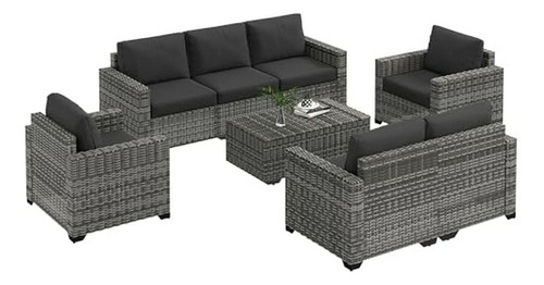 Set Muebles Patio 5 Piezas Con Cojines, Ratán Sintético, Mes