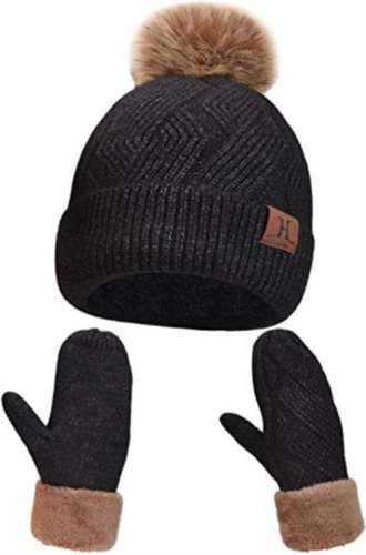 Conjunto Gorro Y Manoplas Nieve Gruesas Mujer, Gorro Negro Y