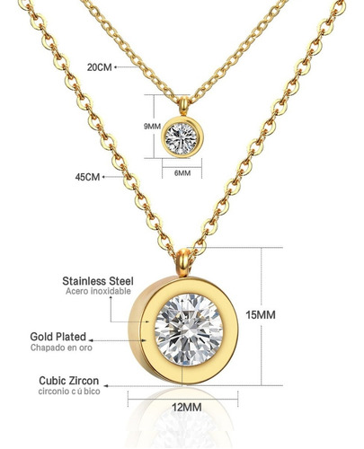 Imagen 3 de 7 de Collar Multicapa Mujer Doble Dije Cristales Acero Chapa Oro