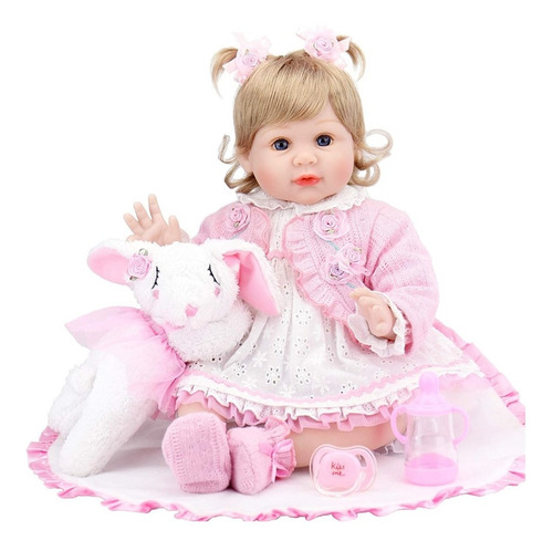 Imagen 2 de 3 de Muñeca Aori Bebé Reborn 55 Cm Rubia Conejito