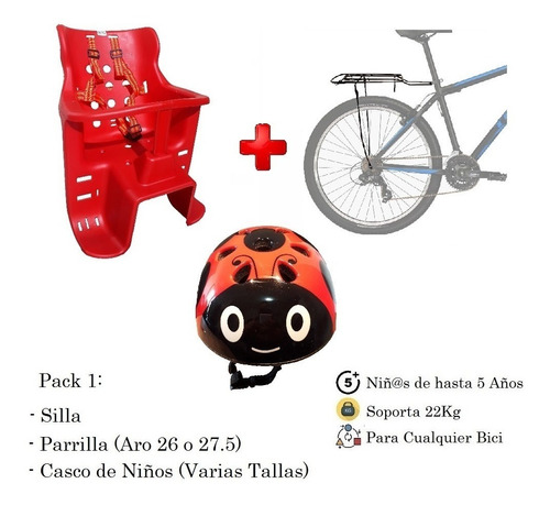 Pack Silla Para Niños + Casco Para Niños + Parrilla