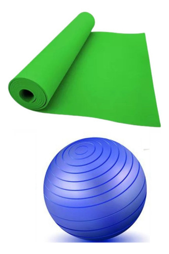 Tapete Yoga Ginástica Pilates 170x60cm Bola Inflavel 55 Cm Cor Verde - azul