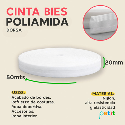Cinta Bies Poliamida 20mm Blanca X50m Marca Dorsa
