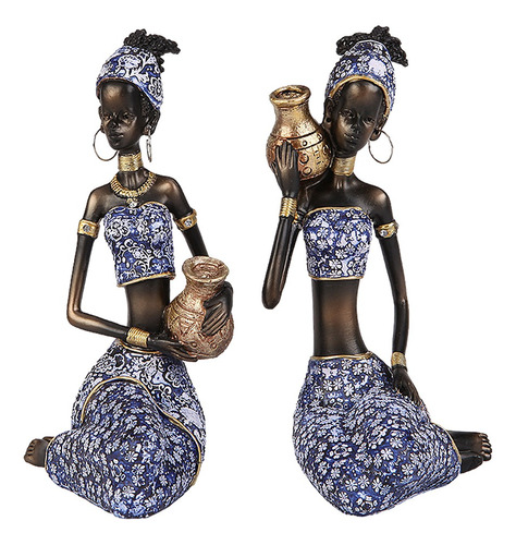 Exquisita Estatuilla Femenina Africana De Resina, 2 Piezas [