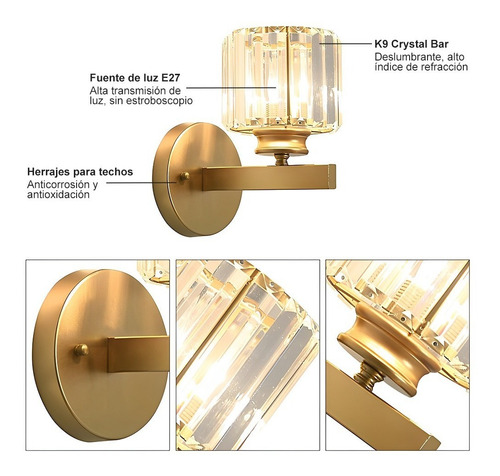Lámpara De Pared De Interior Cristal Decorativa Moderna Estructura ronda dorada