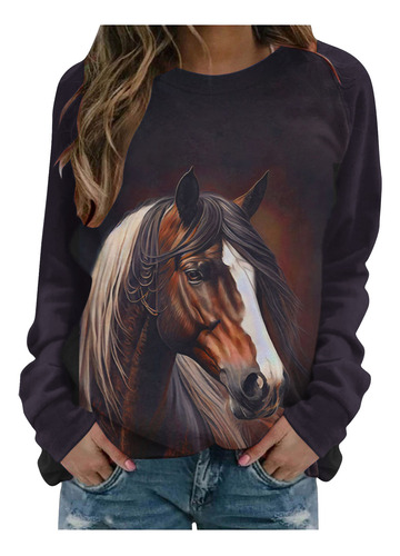 Camiseta E Para Mujer, Cuello Redondo, Estampado De Caballos