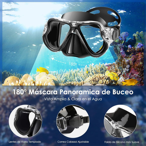 Máscara Snorkel 180° Antivaho Y Antifugas Para Buceo Negro