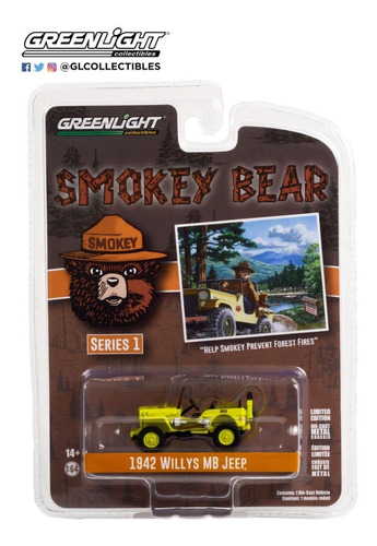Greenlight Smokey Bear S1 1942 Willys Mb Jeep 1/64 Color Amarillo